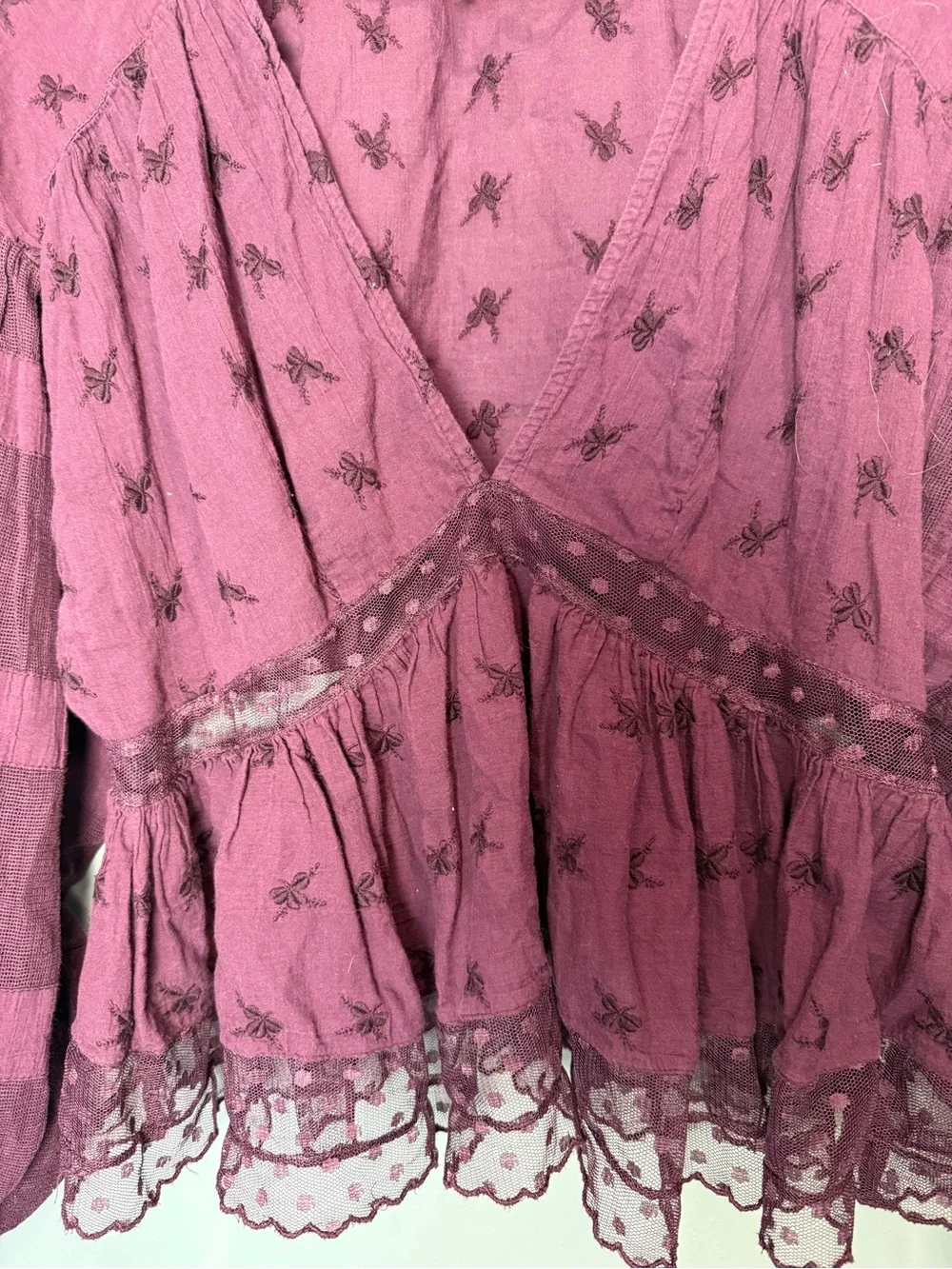 Free‎ People Nostalgic Feels Burgundy Embroidered Peplum Blouse M